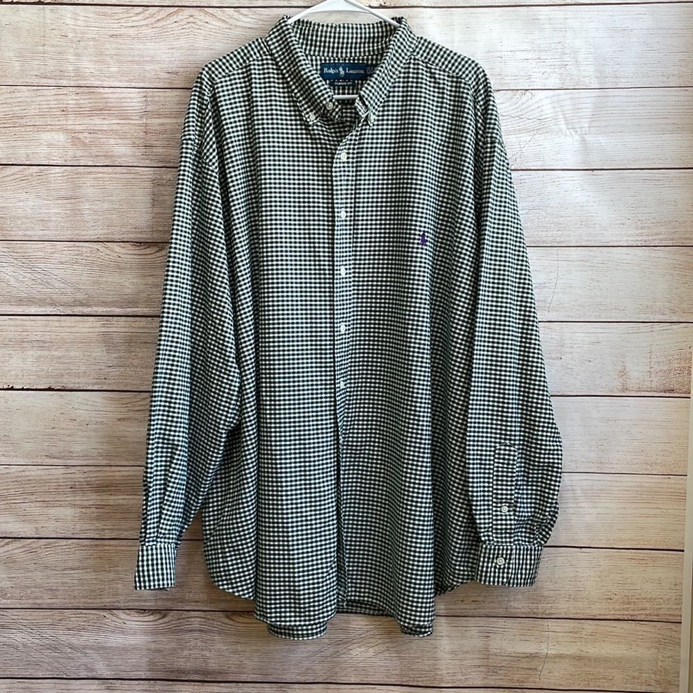 RALPH LAUREN CLASSIC FIT GREEN AND‎ WHITE GINGHAM SHIRT